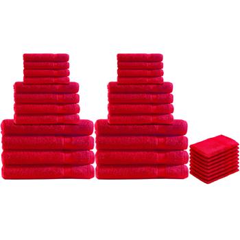 Preview: 32-teiliges Handtuch-Set Frottee Rot - 8 Gäste-, 8 Hand-, 8 Badetücher & 8 Waschlappen - 100% Baumwolle (500g/m²) - Kuschelweich, saugstark & schnelltrocknend