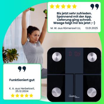 Preview: Digitale 14in1 Körperanalysewaage aus Glas, Bluetooth & App, max. 180 kg, Personenwaage mit grossem LED Display, Apple Health und Google Fit geeignet