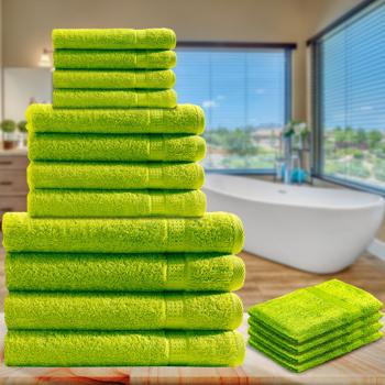 Preview: 16-tlg. Frottee Handtuch-Set apfelgrün - Super saugstark & hautfreundlich - 4 Gäste-, 4 Hand-, 4 Dusch-, 4 Waschlappen - 100% Baumwolle