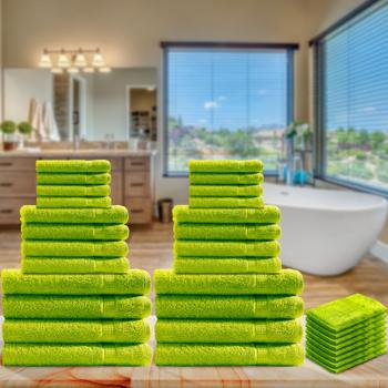 Preview: 32-teiliges Handtuch-Set Frottee apfelgrün - Flauschig weich, saugstark & strapazierfähig - 8 Gäste-, Hand-, Bade- & Waschlappen, 100% Baumwolle, 500 g/m²