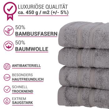 Preview: 4er-Set Handtücher 50x100 cm grau - Luxuriöses Bambus & Baumwolle 450 g/m² - Kuschelweich, saugstark, schnelltrocknend, antibakteriell