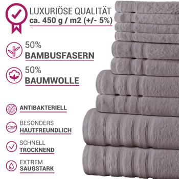 Preview: Luxuriöses 12er Handtuchset, grau, 50% Bambus-Baumwolle, 450 g/m². Extrem kuschelig & saugstark für optimale Wohlfühl-Erlebnisse