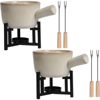 2er-Set Fondue-Set für je 1-2 Personen, Porzellan & Metall, Beige-Schwarz – Mit Teelicht-Rechaud & 2 Fonduegabeln – Für Käse, Fleisch oder Schokolade