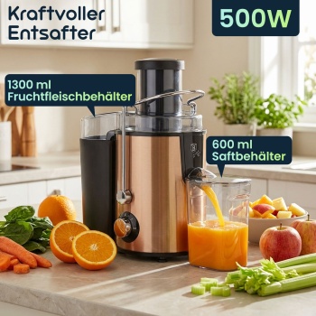 Preview: Kraftvoller Entsafter für Obst & Gemüse, 500W, großem Fruchtfleischbehälter & 600 ml Saftbehälter – edles Design in Roségold für frische Säfte