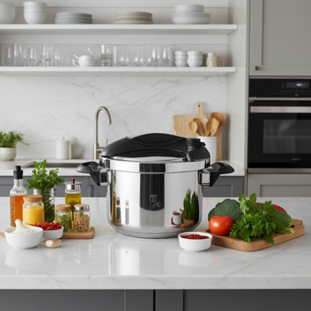 Turbo-Schnellkochtopf, 6 Liter aus Edelstahl - Top-Modernes Design, Sicherheitsventil - schonendes Garen durch Dampf - geeignet für alle Herdarten