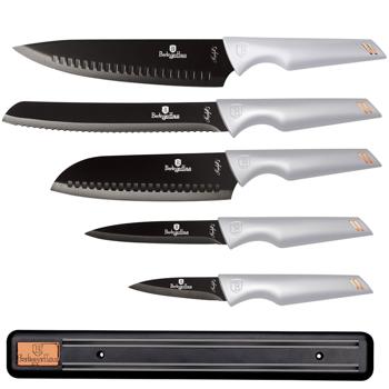 Preview: Professionelles 5-tlg. Profi Küchenmesser Set Grau-Schwarz mit Magnetleiste: Scharfe Klingen für präzises Schneiden, ergonomisch, robust & stilvoll für jede Küche