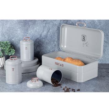 Preview: Vintage-Vorratsbehälter-Set: Edelstahl, edles grau-rosegold, Brotbox, Kaffeedose, Zuckerdose, Teedose mit Aufdruck, für nostalgische & stilvolle Aufbewahrung