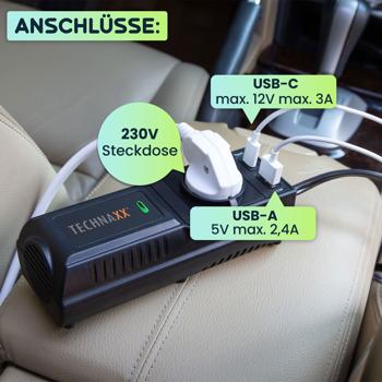 Preview: Leistungsstarker Kfz-Wechselrichter 12V auf 230V mit Steckdose & 2 USB-Ports, ideal für Auto, Camping & Reisen, zuverlässige Stromversorgung
