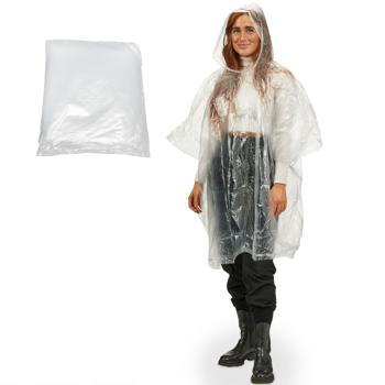 Notfall Regenponcho transparent mit Kapuze & Ärmeln - robuster PE Kunststoff Wetterschutz für Outdoor, Festival, Camping - 122x125cm - leicht (20g)
