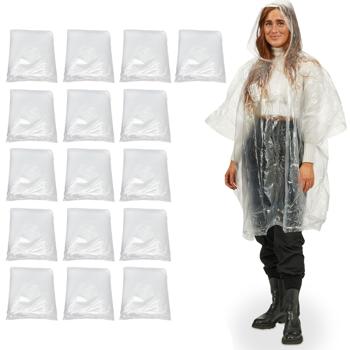 16er-Set Notfall Regenponcho - transparent, mit Kapuze & Ärmeln, wiederverwendbar - robustes PE-Material, 20g, ca. 122x125cm - für Wanderungen