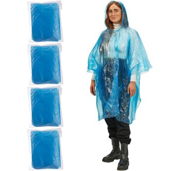 4er-Set Notfall Regenponcho - Mit Kapuze & Ärmeln für Wanderungen, Festivals, Camping - Ultraleicht (20g), platzsparend, robustes Design, blau - ca. 120cm