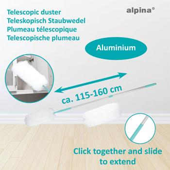 Preview: Staubwedel mit Teleskop-Griff aus Aluminium - Waschbar & Wiederverwendbar - Für schnelle Staubentfernung bis 1,6m - Weiss/Blau