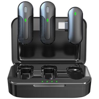 Preview: Kabelloses Influencer-Mikrofon-Set: 2 Mini-Mikrofone, schwarz, mit Geräuschunterdrückung. Ansteckmikrofon für Streaming & klare Aufnahmen