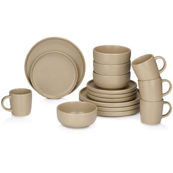 Preview: Geschirr-Set Steingut 16-teilig, beige - Mikrowellen- & spülmaschinenfest - Grundausstattung 4x Teller Schüsseln Tassen - Langlebig & stossfest