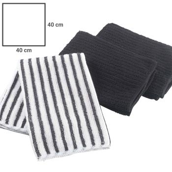 Preview: 3er Mikrofaser Geschirrtücher Set - schwarz uni & gestreift - streifenfrei, sehr saugstark & langlebig - 40x40 cm - ideal zum Trocknen von Geschirr