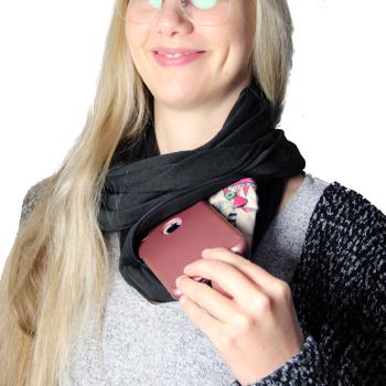 Preview: Rundschal mit Geheimfach - Versteckte Reissverschlusstasche für Wertsachen - Weiches Baumwoll-Polyester-Gemisch, Schwarz - 25x88cm