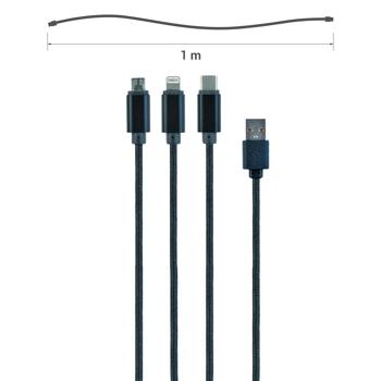 Preview: 2er-Set 3in1 USB-Ladekabel - Universelles Multi-Ladekabel für Android-Smartphones, iPads, iPhones - 100 cm, Lightning, Micro-USB, USB-C - geflochten - 5V