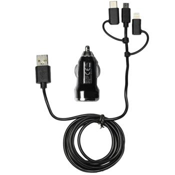 3in1 Kfz-Ladegerät - USB-C, Micro-USB & Lightning - Schwarz - 2 Ports, 1.5m Kabel - Für Smartphones, Tablets & Digitalkameras