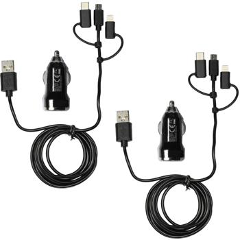 2er-Set 3in1 Kfz-Ladegerät - Lädt Smartphones, Tablets - USB-C, Micro-USB, Lightning - 12/24V Eingang, 5V 2.4A Ausgang, 1.5m Kabel, schwarz