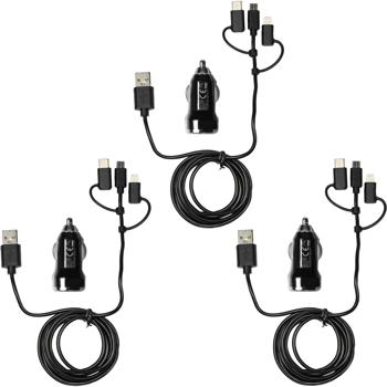 3er-Set 3in1 Kfz-Ladegerät - USB-C, Micro-USB & Lightning Anschlüsse - Schnellladung 12/24V 5V 2.4A - 2 Ports - 1.5m Kabel Schwarz