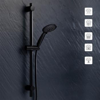 Preview: Duschset Schwarz - Handbrause, Schlauch, Wandhalterung - 5 Strahlarten, 1.5m Schlauch - Wassersparend bis 40%, Kunststoff, Ø 11x24 cm