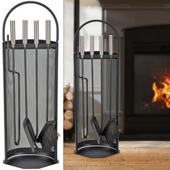 4-teiliges Kaminbesteck, schwarz, inkl. Ständer – Komplette Kamingarnitur mit Feger, Schaufel, Schürhaken & Zange für entspannte Kamin-Arbeit