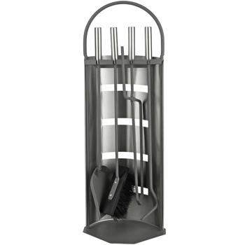 Preview: Komplettes & edles Kaminbesteck Set, 4-teilig, anthrazit/silber – inkl. Ständer, Feger, Schaufel, Schürhaken & Zange für den Kamin