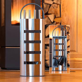 Preview: Komplettes & edles Kaminbesteck Set, 4-teilig, anthrazit/silber – inkl. Ständer, Feger, Schaufel, Schürhaken & Zange für den Kamin