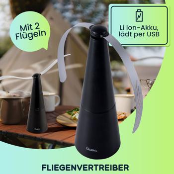 Preview: Akku-Fliegenvertreiber mit 2 Flügeln, tierfreundlicher Fliegenwedler ohne Chemie, Li-Ion Akku, Hinstellen, Aufhängen auf Balkon, Terrasse, im Garten