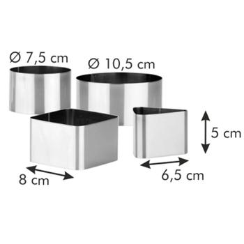 Preview: Dessert- & Speiseringe Edelstahl 4er-Set - Anrichten & Portionieren - 2x Rund, 1x Quadrat, 1x Dreieck - Rostfrei & Spülmaschinenfest