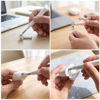 Preview: Reinigungsstift für In-Ear Kopfhörer - 3-in-1 Reinigungsset mit Spitze, Bürste, Schwamm - Hygienisch für AirPods, Tastaturen & Mobilgeräte - Weiss
