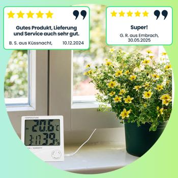 Preview: Digitales Hygrometer & Thermometer mit Aussenfühler, Uhr & Wecker: LCD Display, weiss – Raumklima präzise messen