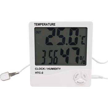 Preview: Digitales Hygrometer & Thermometer mit Aussenfühler, Uhr & Wecker: LCD Display, weiss – Raumklima präzise messen