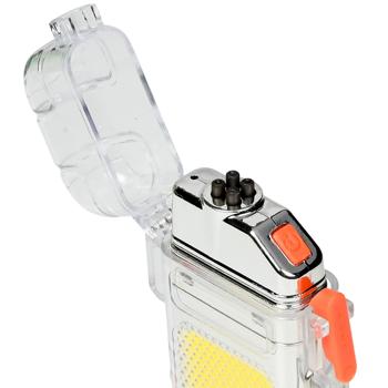 Preview: Elektrisches Feuerzeug mit integrierter COB-LED-Taschenlampe - USB-C wiederaufladbar, transparentes Design - 300 mAh Akku, sicher & umweltfreundlich