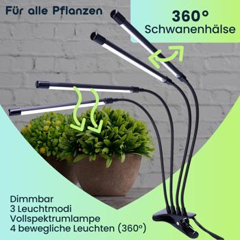 Preview: Wachstumsoptimierte LED Pflanzenlampe: 4-Armig, 360° Schwanenhälse, Vollspektrumlampe, 3 Modi, Dimmer & Timer – Für alle Pflanzen