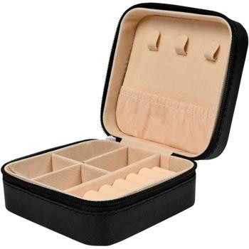 Preview: Reise-Schmuckbox Schwarz-Beige - Schutz für Schmuck unterwegs & zu Hause - Kratzfreies Material, 4 Fächer, Ringrollen, Haken, 9,5x9,5x5cm