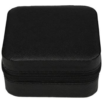 Preview: Reise-Schmuckbox Schwarz-Beige - Schutz für Schmuck unterwegs & zu Hause - Kratzfreies Material, 4 Fächer, Ringrollen, Haken, 9,5x9,5x5cm