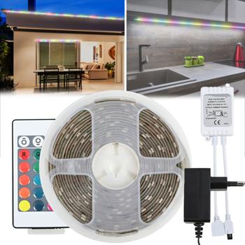 LED Streifen RGB - 5 m dimmbar - IP65 für drinnen & draussen - 150 SMD5050 LEDs, 4 Lichteffekte, Fernbedienung, 12W - Stimmungsvolle Hintergrundbeleuchtung