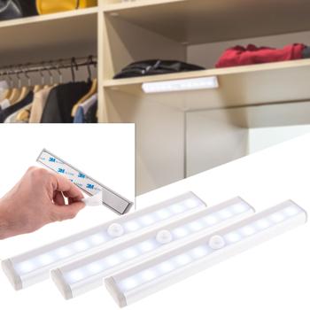 3er-Set LED Lichtleiste mit Bewegungssensor – Batteriebetrieben für kabellose Montage – Ideal für Schrank, Treppe, Flur – Inkl. 3M Klebeband, Aluminium/Kunststoff Weiss/Grau