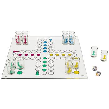 Trinkspiel Ludo mit 16 Shot-Gläsern & 2 Würfeln - Feuchtfröhliche Party-Unterhaltung - Echtglas-Spielbrett 31x31cm - Inkl. 16 Schnapsgläser (2cl)