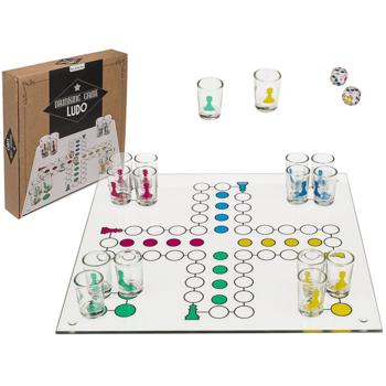 Preview: Trinkspiel Ludo mit 16 Shot-Gläsern & 2 Würfeln - Feuchtfröhliche Party-Unterhaltung - Echtglas-Spielbrett 31x31cm - Inkl. 16 Schnapsgläser (2cl)