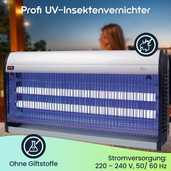 Preview: Profi UV-Insektenvernichter, 45W, 2 UV-Röhren: Bis 150m², chemiefrei, Stellen/Hängen, für insektenfreie Bereiche, leistungsstark und sicher