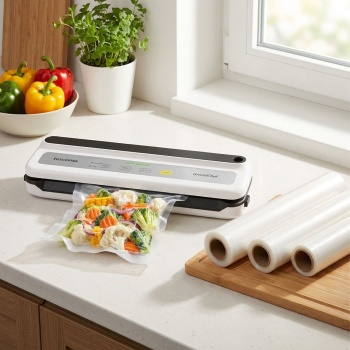 Vakuumiergerät 110 Watt - Effektives Vakuumieren fester & flüssiger Lebensmittel für Sous-Vide & Marinieren - Inkl. 3er-Folienrollen Set