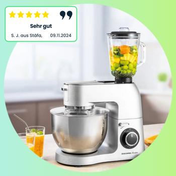 Preview: Profi-Edelstahl Küchenmaschine 1500W mit 6L Schüssel – Standmixer inkl. Fleischwolf, Raspel, Mixer & Rührbesen – 3 Jahre Garantie