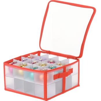Preview: Aufbewahrungsbox für Weihnachtskugeln - 32 Fächer, Schutz vor Staub & Beschädigungen - 34x34x17 cm, robustem Kunststoff, rot-weiss
