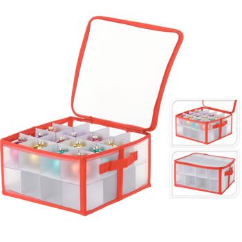 Preview: Aufbewahrungsbox für Weihnachtskugeln - 32 Fächer, Schutz vor Staub & Beschädigungen - 34x34x17 cm, robustem Kunststoff, rot-weiss