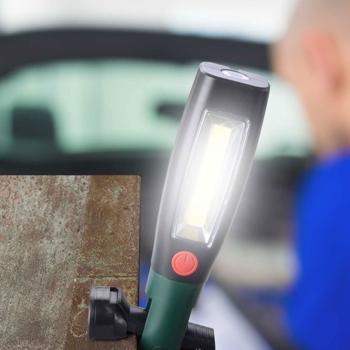 Preview: 2in1 LED Arbeitslampe - Mobile Lichtquelle für Haushalt, Garten, Auto - Magnetfuss, 360° Haken, 250 Lumen COB, 50 Lumen SMD - IP20