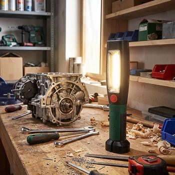 Preview: 2in1 LED Arbeitslampe - Mobile Lichtquelle für Haushalt, Garten, Auto - Magnetfuss, 360° Haken, 250 Lumen COB, 50 Lumen SMD - IP20