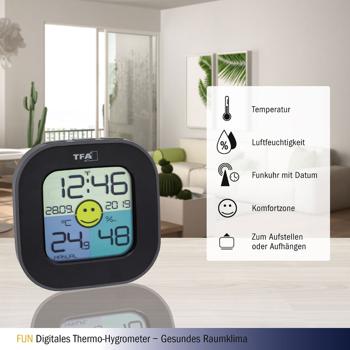 Preview: Digitales Thermo-Hygrometer – Misst Temperatur & Luftfeuchtigkeit, Komfortzonenanzeige – DCF77 Funkuhr, Datum, Höchst-/Tiefstwerte, Schwarz, Kompakt