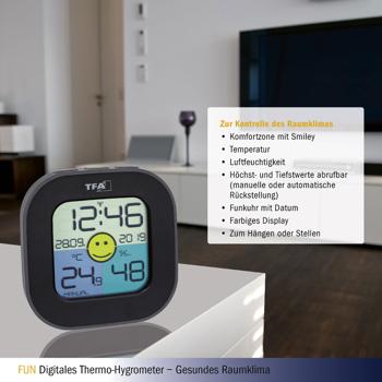 Preview: Digitales Thermo-Hygrometer – Misst Temperatur & Luftfeuchtigkeit, Komfortzonenanzeige – DCF77 Funkuhr, Datum, Höchst-/Tiefstwerte, Schwarz, Kompakt